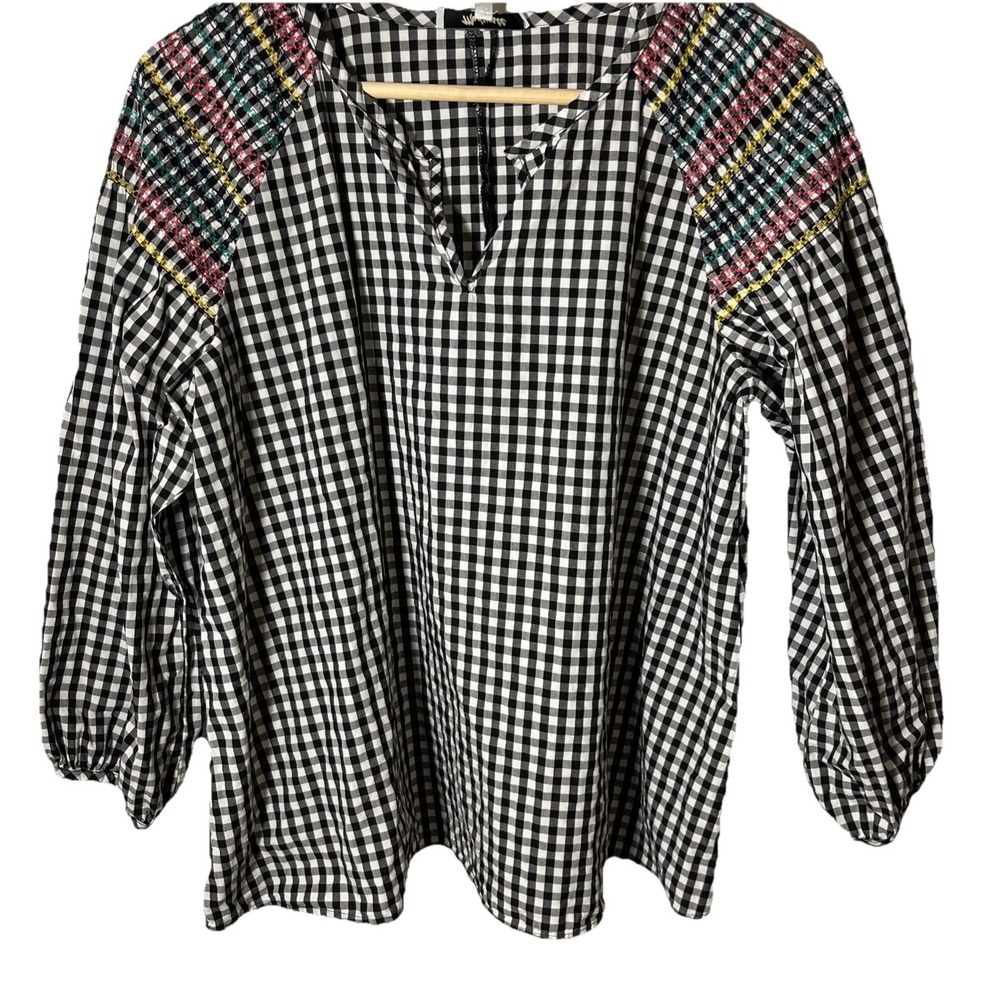 Madewell Black White Gingham Plaid Embroidered Blouse Size Small